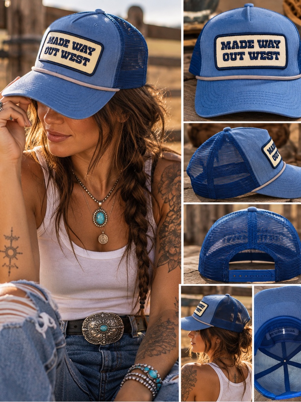 Made Way Out West Blue Trucker Hat Western Rope Snapback Mesh Cap 🧢